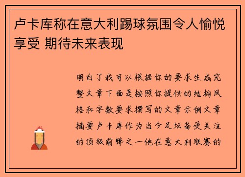 卢卡库称在意大利踢球氛围令人愉悦享受 期待未来表现